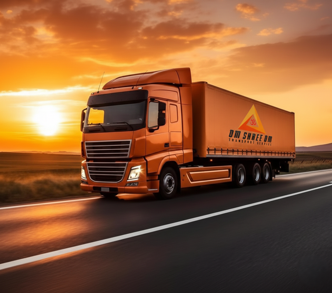 Om Shree Om Transport orange truck on highway during golden hour